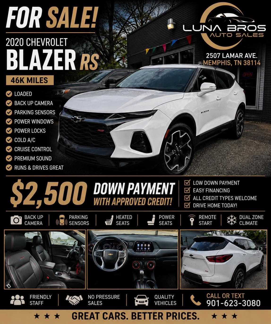 White 2020 Chevrolet Blazer RS for sale flyer featuring vehicle photos, features, and pricing details.